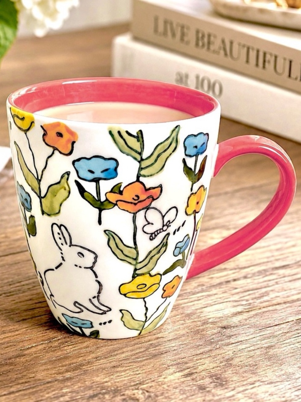 Potter’s Studio Bunny Floral Coffee Mug Pink Handle Spring Easter
